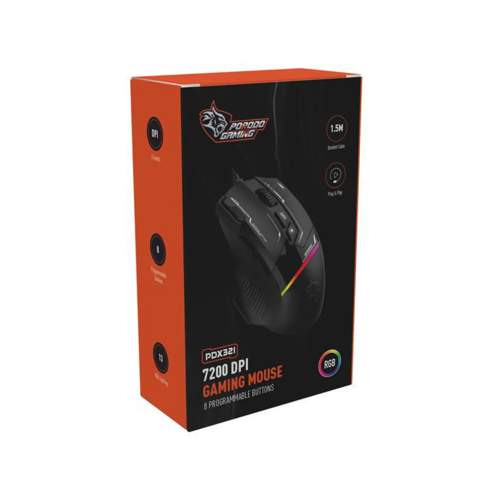 Porodo 7200 Dpi Gaming Wired Mouse With Program 8 Keys Black